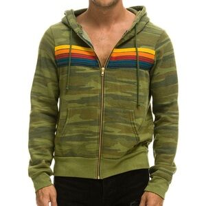 Aviator Nation Unisex Camo Hoodie with Rainbow Five Stripe Panels